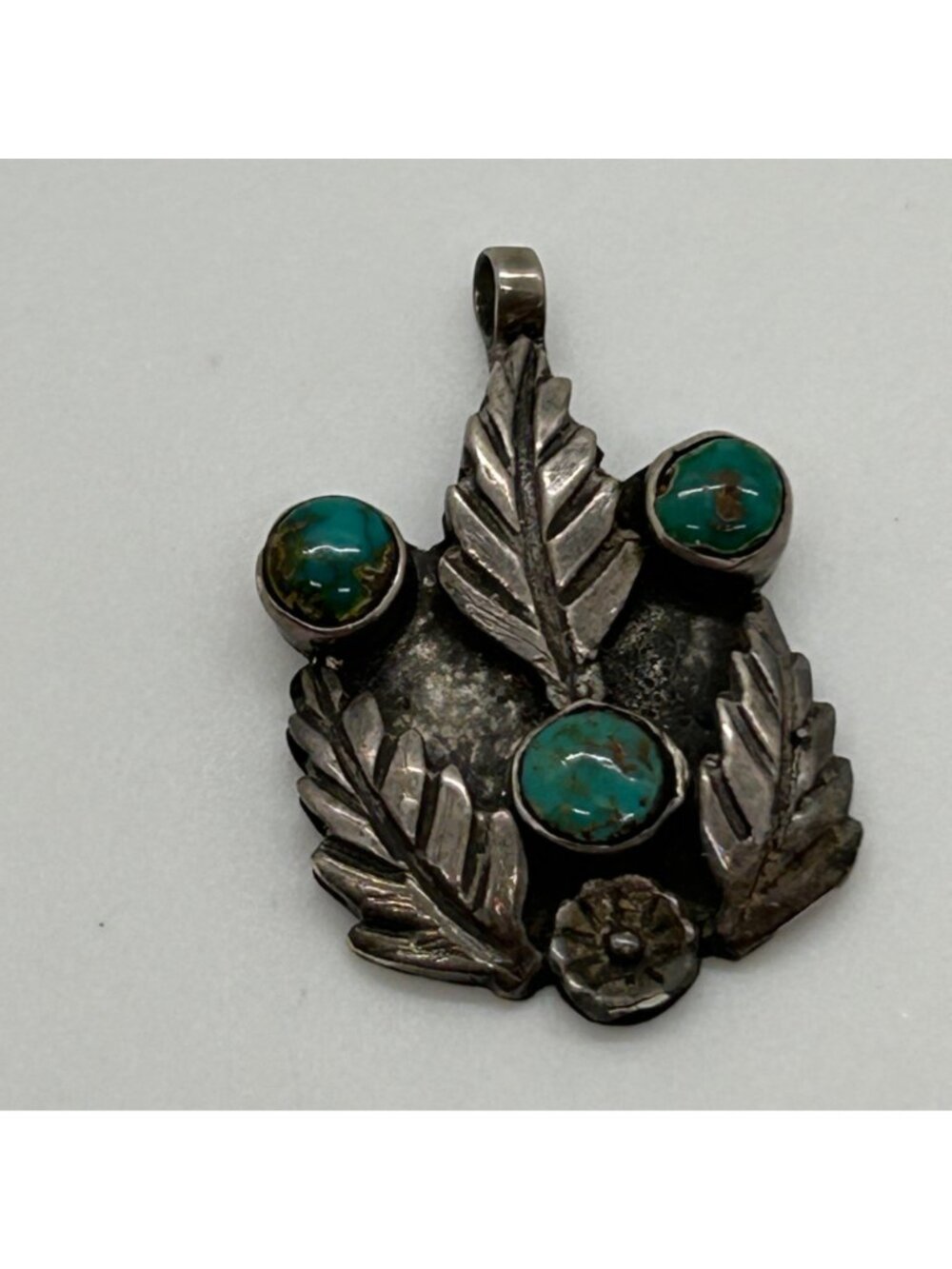 Vintage Alpaca Silver Turquoise Pendant Leaf Flower Tribal Boho Southwestern - Picture 3 of 10